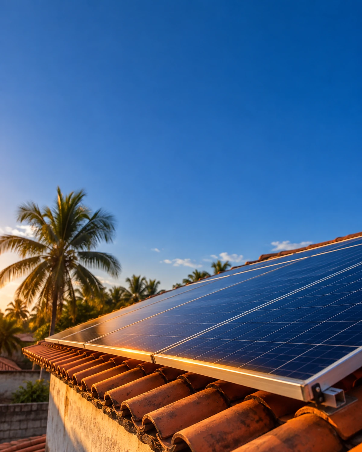 Módulos fotovoltaicos sobre telhado de telha cerâmica ao fim da tarde, com palmeiras de babaçu ao fundo.
