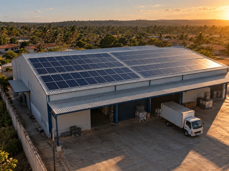 Galpão comercial com telhado metálico coberto de módulos fotovoltaicos.