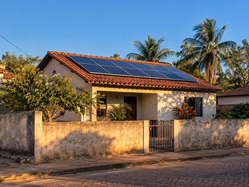 Casa térrea do interior nordestino com telha cerâmica e módulos fotovoltaicos no telhado.