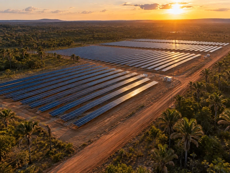 Vista aérea de uma usina solar com dezenas de fileiras de módulos no cerrado.